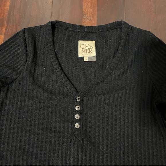 Chaser Black Long Sleeve Henley Waffle Knit Thermal Sweater Shirt Size Small - Picture 2 of 7